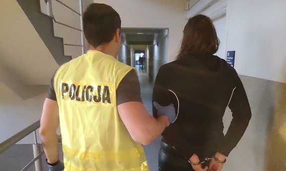policjant w odblaskowej kamizelce stoi obok zatrzymanej kobiety