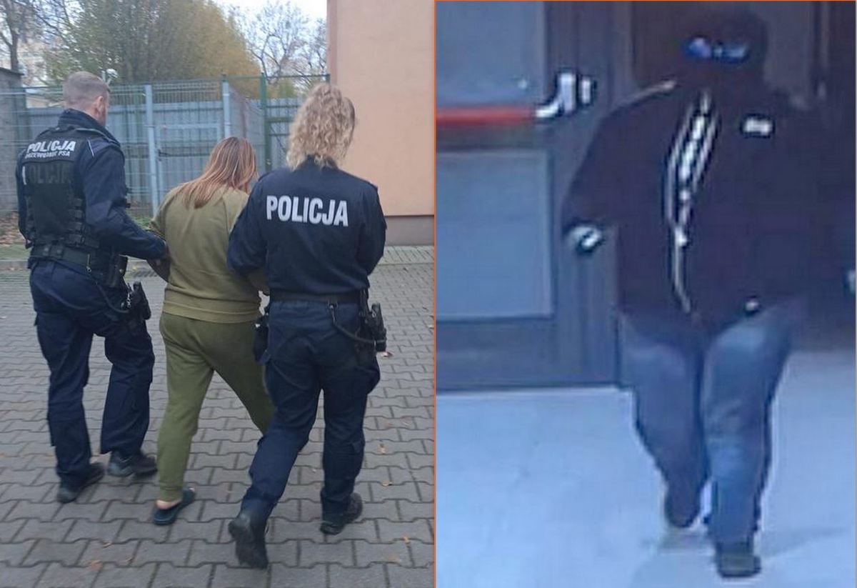 Kolaż zdjęć na których widać zatrzymaną kobietę przez policjantów oraz w chwili napadu na bank.
