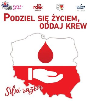 plakat z napisem podziel się życiem oddaj krew na tle mapy Polski